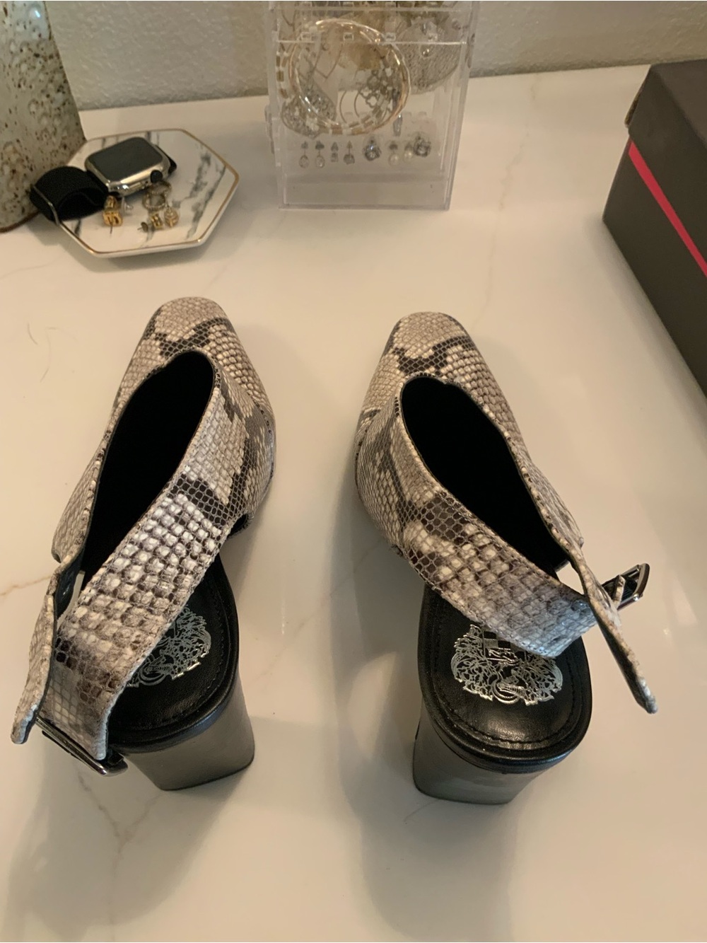 Vince Camuto Gray Snake-Print Block Heel Sandals